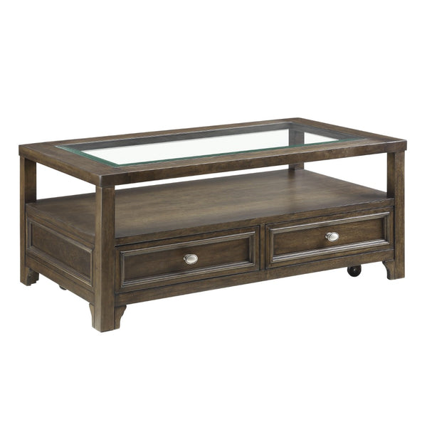 English Elm Modern Birch Veneer Cocktail Table with Glass Top Drawers and Open Shelf Storage B011P460075