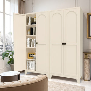 HomeRoots 71" Cream Stainless Steel Locking Pantry - Stylish Storage Solution with Arched Doors & Versatile Design 683400