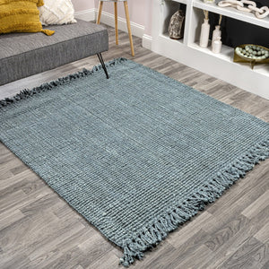 HomeRoots 5' Light Blue Jute Handmade Square Rug with Fringe - Eco-Friendly, Soft Texture for Any Room Decor 683428