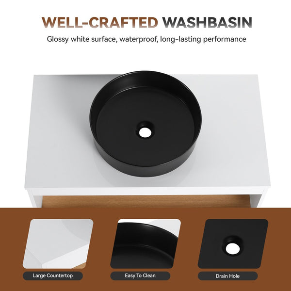 English Elm 36" Floating Bathroom Vanity Light Oak Modular Cabinet with Gel Coat Integrated Sink Black,White + Light Oak W3450S00062