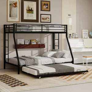 English Elm High Strength Iron Bunk Bed with Rolling Trundle Minimalist Queen Frame for Three W1935P360876