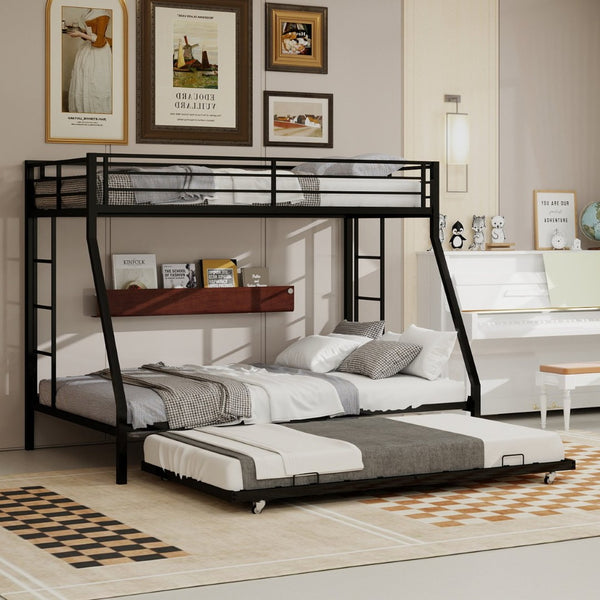 English Elm High Strength Iron Bunk Bed with Rolling Trundle Minimalist Queen Frame for Three W1935P360876