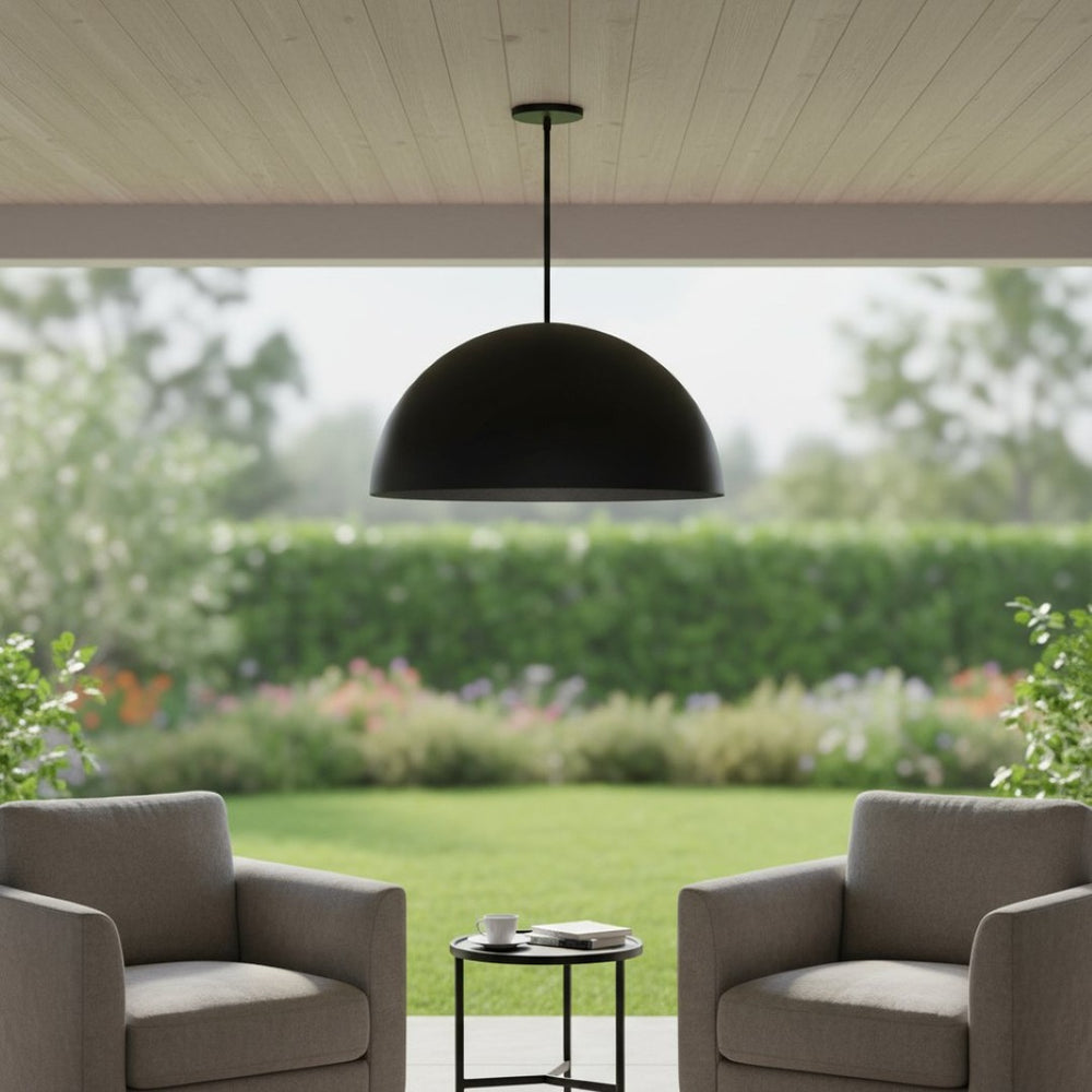 HomeRoots 32" Matte Black Aluminum Dome LED Pendant Light - Dimmable, Weather-Resistant, Modern Design for Indoors & Outdoors 683472