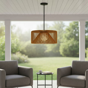 HomeRoots Natural Rattan and Black Metal LED Dimmable Pendant Light – Modern Boho Outdoor/Indoor Charm! 683473