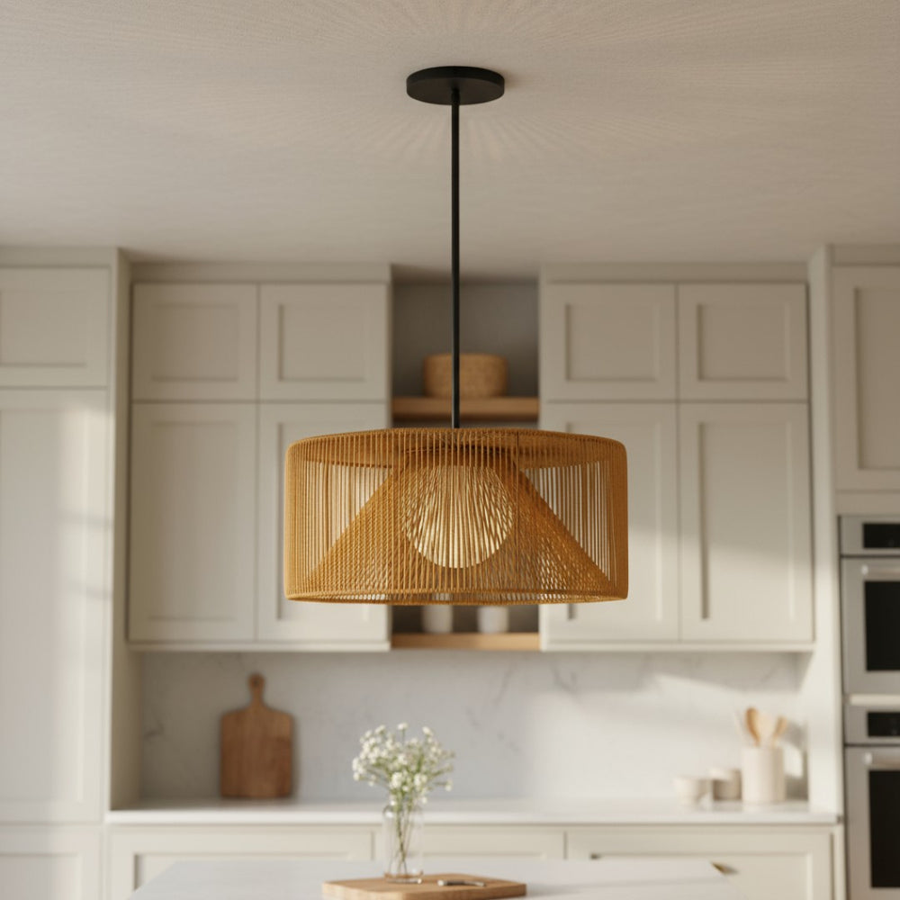 HomeRoots Natural Rattan and Black Metal LED Dimmable Pendant Light – Modern Boho Outdoor/Indoor Charm! 683473