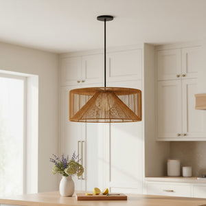 HomeRoots Natural Rattan & Black Metal LED Dimmable Pendant Light - Coastal Charm for Indoor & Outdoor Spaces 683474