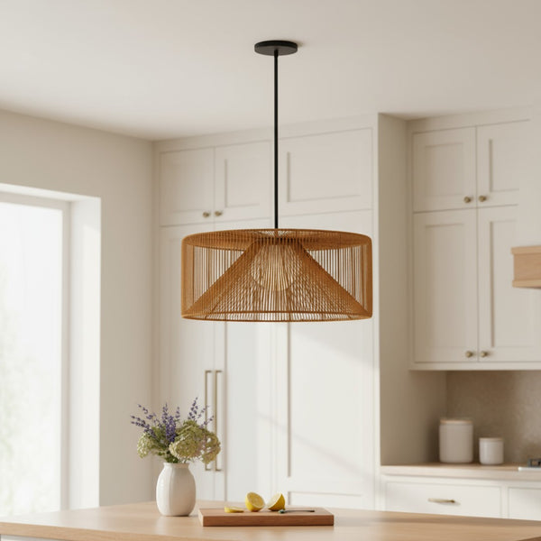 HomeRoots Natural Rattan & Black Metal LED Dimmable Pendant Light - Coastal Charm for Indoor & Outdoor Spaces 683474