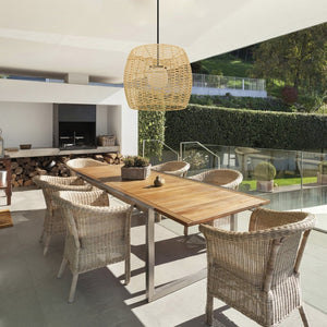 HomeRoots Natural Dimmable LED Barrel Pendant Light in Black Metal & Woven Rattan for Indoor/Outdoor Use 683475