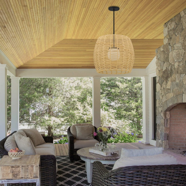 HomeRoots Natural Dimmable LED Barrel Pendant Light in Black Metal & Woven Rattan for Indoor/Outdoor Use 683475
