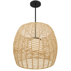 HomeRoots Natural Dimmable LED Barrel Pendant Light in Black Metal & Woven Rattan for Indoor/Outdoor Use 683475