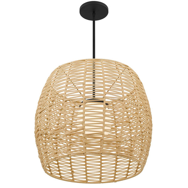 HomeRoots Natural Dimmable LED Barrel Pendant Light in Black Metal & Woven Rattan for Indoor/Outdoor Use 683475