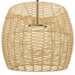 HomeRoots Natural Dimmable LED Barrel Pendant Light in Black Metal & Woven Rattan for Indoor/Outdoor Use 683475