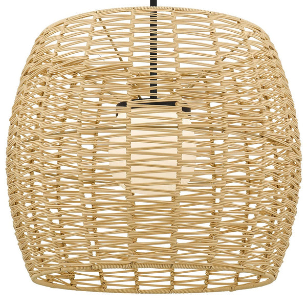 HomeRoots Natural Dimmable LED Barrel Pendant Light in Black Metal & Woven Rattan for Indoor/Outdoor Use 683475