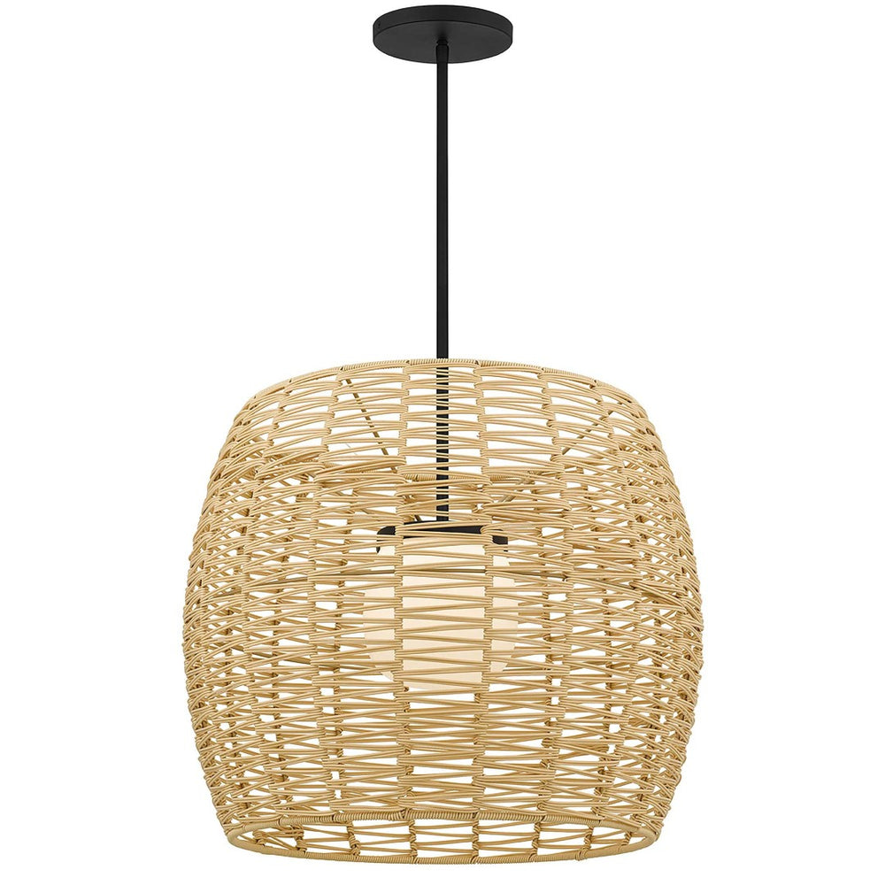 HomeRoots Natural Dimmable LED Barrel Pendant Light in Black Metal & Woven Rattan for Indoor/Outdoor Use 683475