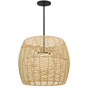 HomeRoots Natural Dimmable LED Barrel Pendant Light in Black Metal & Woven Rattan for Indoor/Outdoor Use 683475