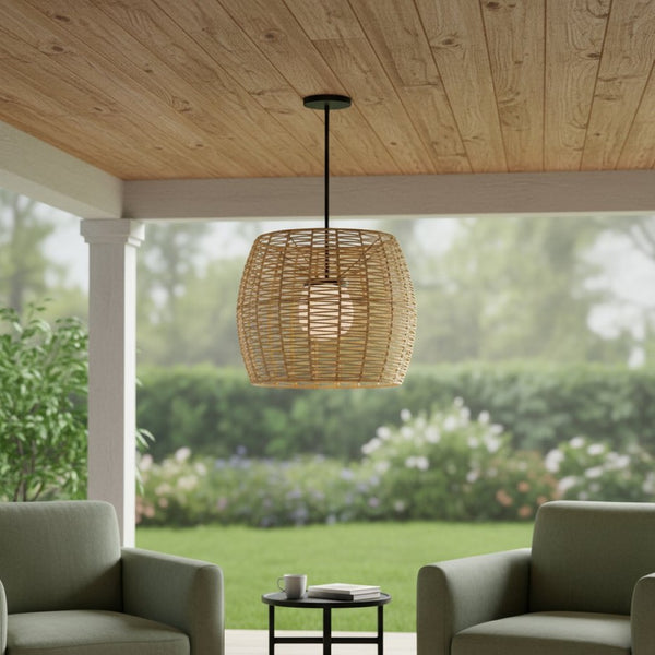 HomeRoots Natural Dimmable LED Barrel Pendant Light in Black Metal & Woven Rattan for Indoor/Outdoor Use 683475