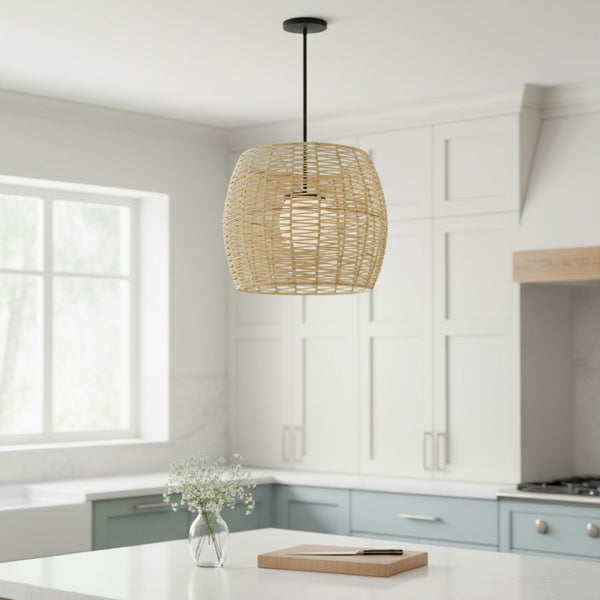 HomeRoots Natural Dimmable LED Barrel Pendant Light in Black Metal & Woven Rattan for Indoor/Outdoor Use 683475