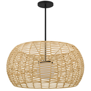 HomeRoots Natural Rattan & Matte Black Metal Dimmable LED Hanging Pendant Light for Indoor/Outdoor Style 683476
