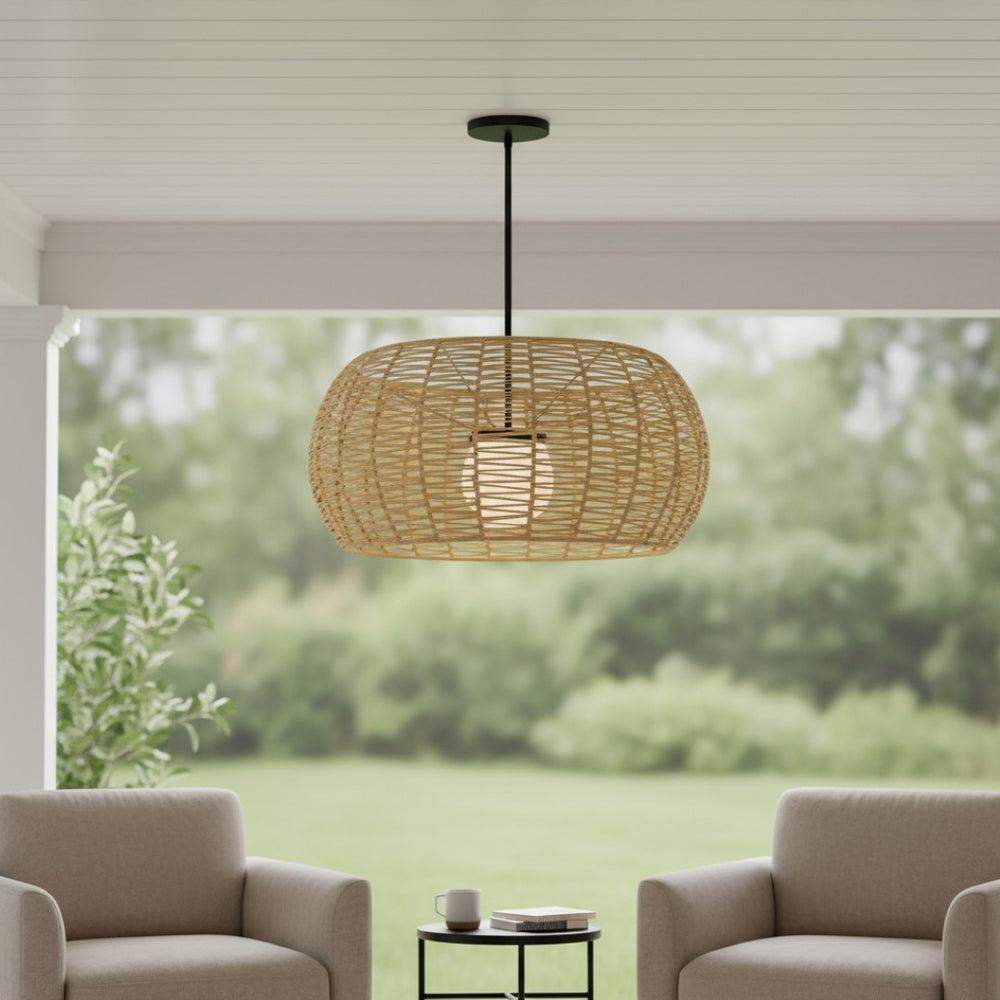 HomeRoots Natural Rattan & Matte Black Metal Dimmable LED Hanging Pendant Light for Indoor/Outdoor Style 683476