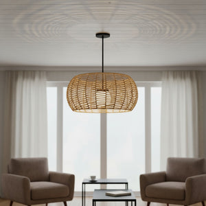 HomeRoots Natural Rattan & Matte Black Metal Dimmable LED Hanging Pendant Light for Indoor/Outdoor Style 683476