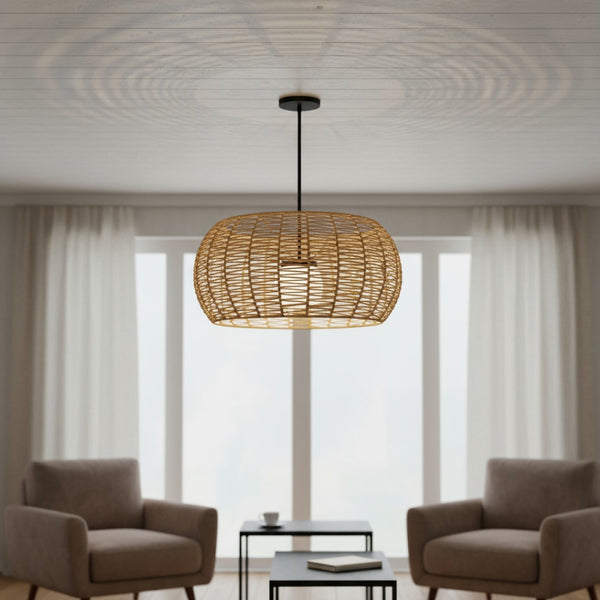 HomeRoots Natural Rattan & Matte Black Metal Dimmable LED Hanging Pendant Light for Indoor/Outdoor Style 683476