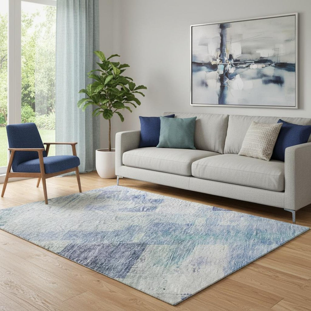 HomeRoots 5' X 8' Blue and Ivory Abstract Geometric Area Rug - Washable, Stain-Resistant, UV Protected Design 683478