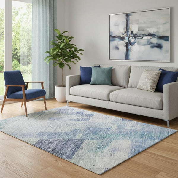 HomeRoots 5' X 8' Blue and Ivory Abstract Geometric Area Rug - Washable, Stain-Resistant, UV Protected Design 683478