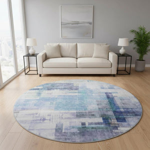 HomeRoots 8' Blue And Ivory Abstract Geometric Round Rug - Washable, UV-Protected, Perfect for Busy Homes! 683479