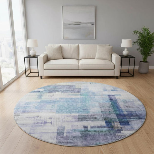 HomeRoots 8' Blue And Ivory Abstract Geometric Round Rug - Washable, UV-Protected, Perfect for Busy Homes! 683479