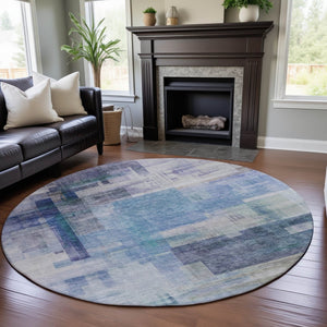 HomeRoots 8' Blue And Ivory Abstract Geometric Round Rug - Washable, UV-Protected, Perfect for Busy Homes! 683479
