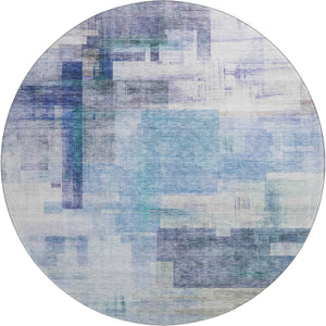 HomeRoots 8' Blue And Ivory Abstract Geometric Round Rug - Washable, UV-Protected, Perfect for Busy Homes! 683479