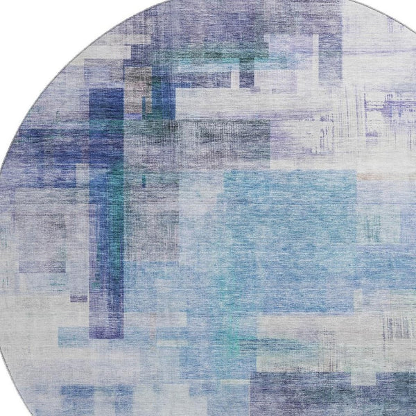 HomeRoots 8' Blue And Ivory Abstract Geometric Round Rug - Washable, UV-Protected, Perfect for Busy Homes! 683479