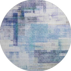 HomeRoots 8' Blue And Ivory Abstract Geometric Round Rug - Washable, UV-Protected, Perfect for Busy Homes! 683479