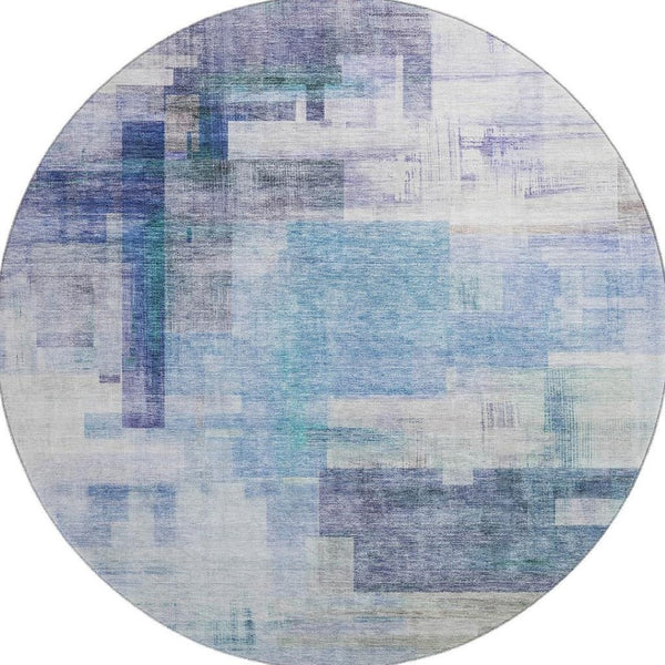 HomeRoots 8' Blue And Ivory Abstract Geometric Round Rug - Washable, UV-Protected, Perfect for Busy Homes! 683479