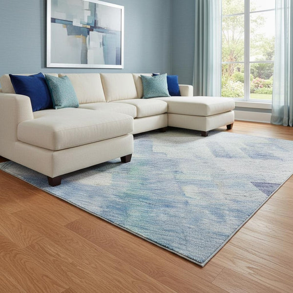 HomeRoots 8' X 10' Blue And Ivory Abstract Geometric Washable Area Rug - UV Protected, Stylish & Durable! 683480