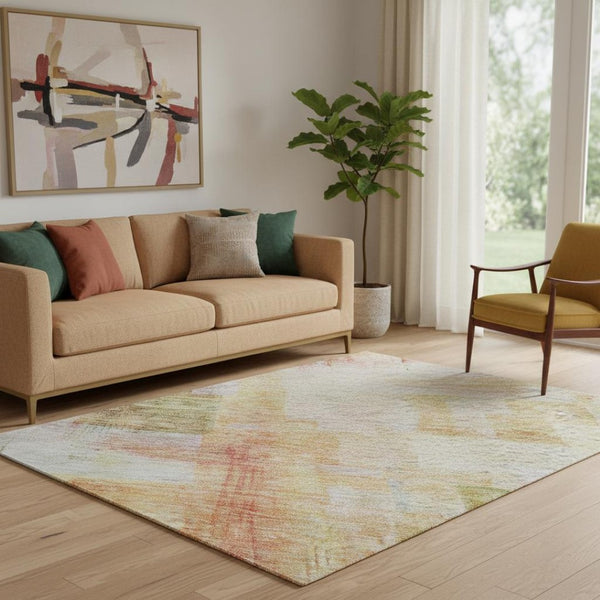 HomeRoots 5' X 8' Coral Ivory Gold Abstract Geometric Area Rug - Washable, UV-Protected & Stain-Resistant! 683484