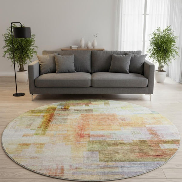 HomeRoots 8' Coral Ivory Gold Abstract Geometric Round Rug – Washable, UV-Protected, Durable for Homes 683485