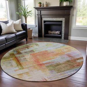 HomeRoots 8' Coral Ivory Gold Abstract Geometric Round Rug – Washable, UV-Protected, Durable for Homes 683485