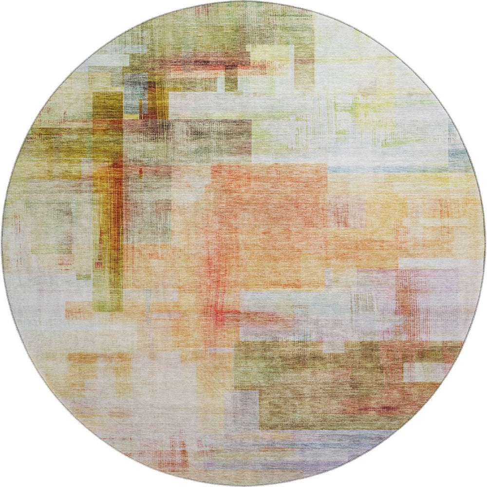 HomeRoots 8' Coral Ivory Gold Abstract Geometric Round Rug – Washable, UV-Protected, Durable for Homes 683485