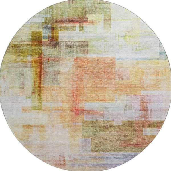 HomeRoots 8' Coral Ivory Gold Abstract Geometric Round Rug – Washable, UV-Protected, Durable for Homes 683485