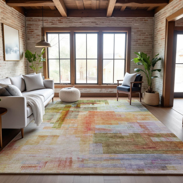 HomeRoots 8' X 10' Coral Ivory Gold Abstract Geometric Washable Area Rug - Stylish, Durable, UV Protected Design 683486