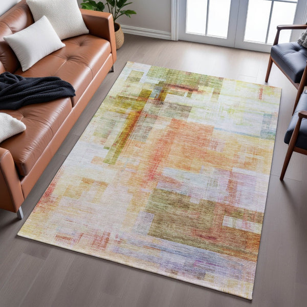 HomeRoots 8' X 10' Coral Ivory Gold Abstract Geometric Washable Area Rug - Stylish, Durable, UV Protected Design 683486