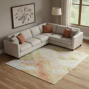 HomeRoots 9' X 12' Coral Ivory Gold Abstract Geometric Area Rug - Washable, Stain Resistant & UV Protected! 683487