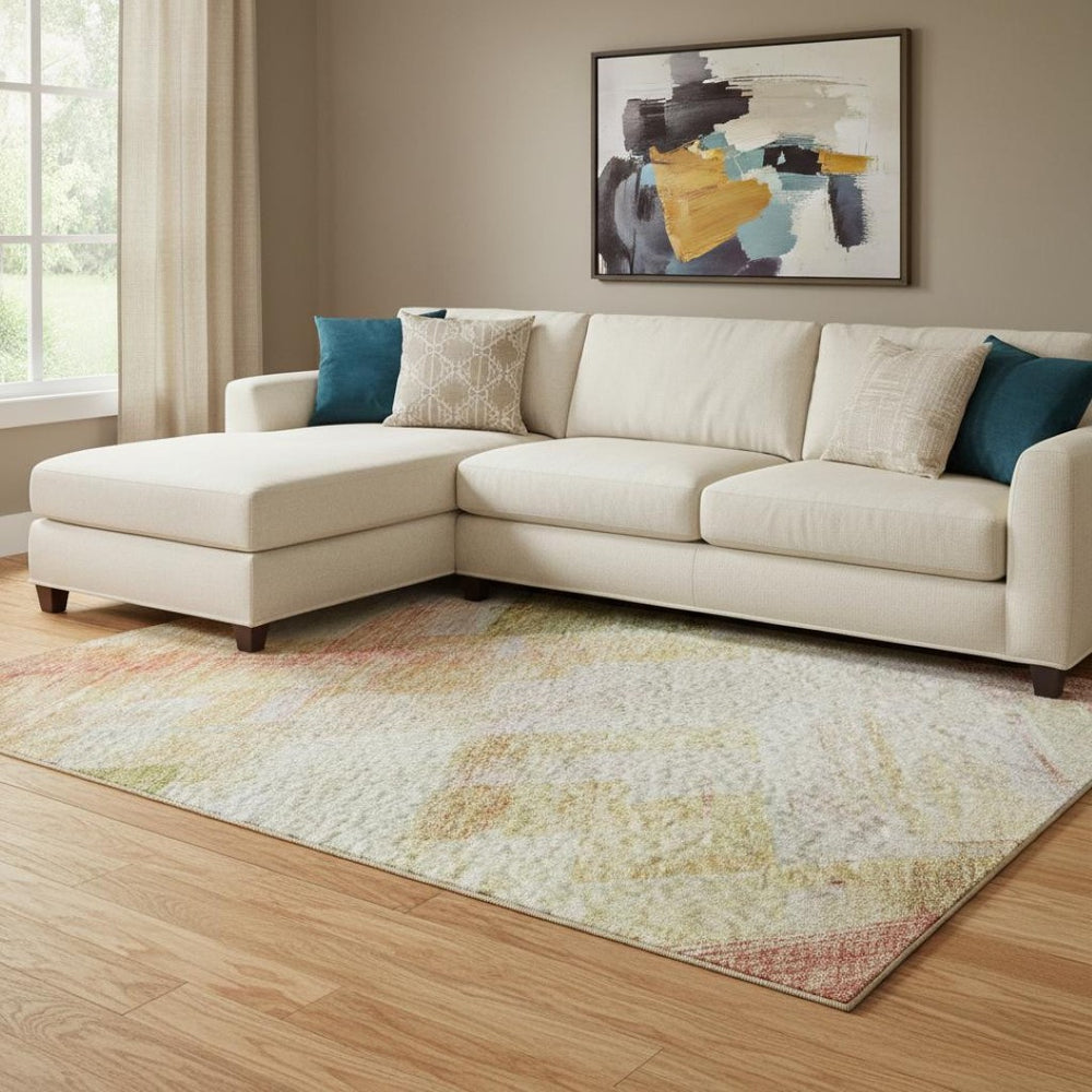 HomeRoots 10' X 14' Coral Ivory & Gold Geometric Washable Area Rug - Stylish UV-Protected Design for Homes 683488