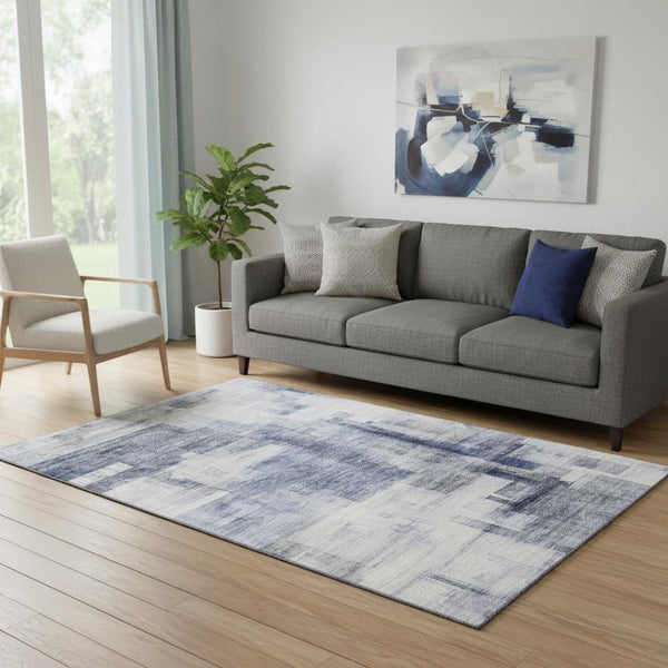 HomeRoots 5' X 8' Denim Blue & Ivory Abstract Geometric Area Rug - Washable, UV-Protected for Everyday Use! 683490