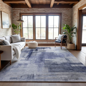 HomeRoots 5' X 8' Denim Blue & Ivory Abstract Geometric Area Rug - Washable, UV-Protected for Everyday Use! 683490
