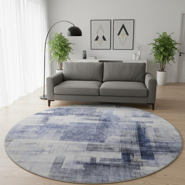HomeRoots 8' Denim Blue and Ivory Abstract Round Rug - Washable, Stain-Resistant, UV Protected for Busy Homes 683491