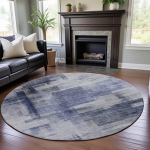 HomeRoots 8' Denim Blue and Ivory Abstract Round Rug - Washable, Stain-Resistant, UV Protected for Busy Homes 683491