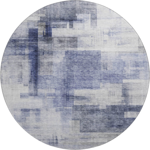 HomeRoots 8' Denim Blue and Ivory Abstract Round Rug - Washable, Stain-Resistant, UV Protected for Busy Homes 683491