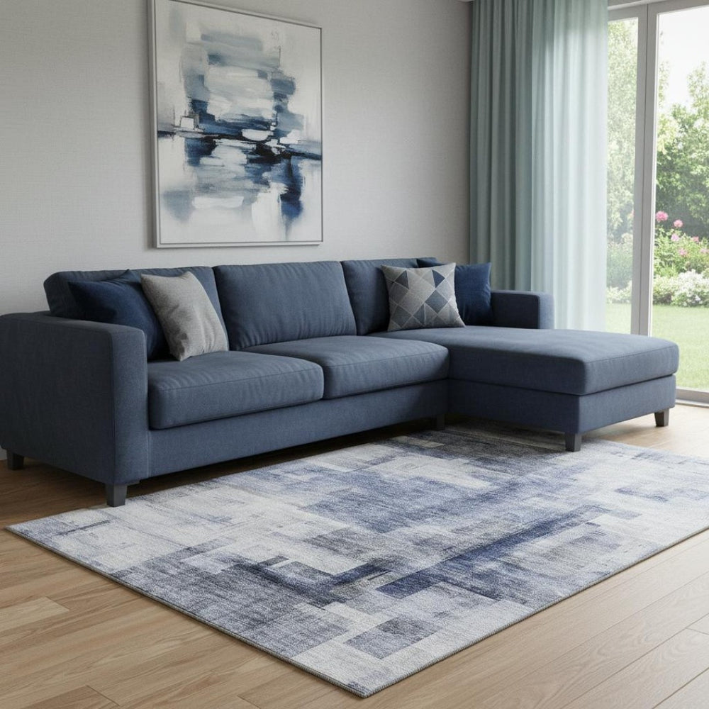 HomeRoots 8' X 10' Denim Blue & Ivory Geometric Area Rug – Washable, UV-Protected, Durable for Any Space 683492